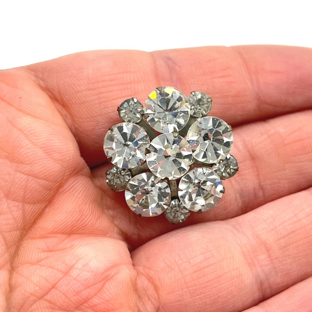 Vintage Silver Tone Clear Rhinestone Floral Cluster Brooch Pin Round - Picture 4 of 4